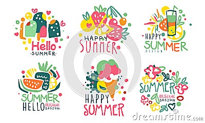 Set of summer logos in pink with yellow and blue colors. Vector illustration. Vector Illustration