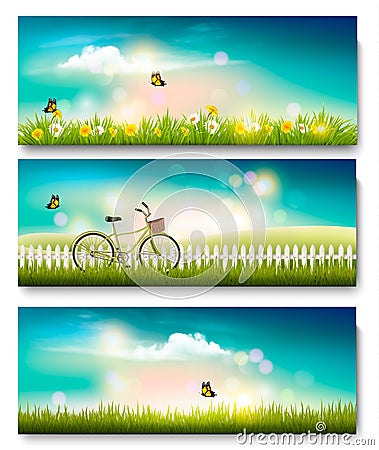 Set of summer nature landscape banners with flowers Vector Illustration