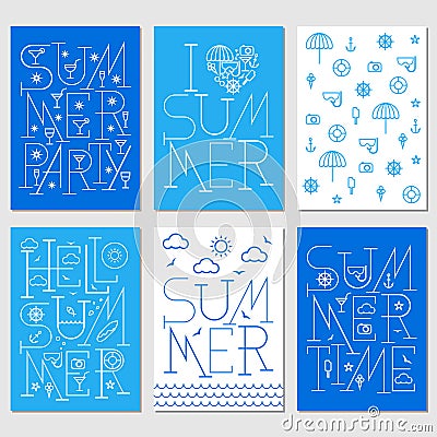 Set of summer posters with inscriptions and summer icons. Vector Illustration