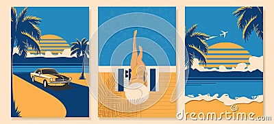 Set of summer posters in retro style with a car, a beach and a girl near the pool. Vector Illustration