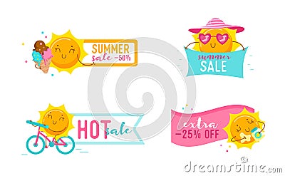Set of Summer Sale Banners with Cute Cartoon Sun Characters. Kawaii Personage Hot Offer, Summertime Vacation Vector Illustration