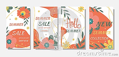 Set summer sale banners. Summer flowers and abstract shape. Vector Illustration