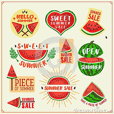 Set of summer sale emblems with whole watermelons and juicy watermelon slices. Summer sale poster design elements. Vector Illustration