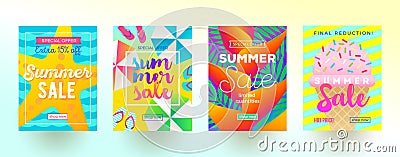 Set of summer sale promotion banners. Vacation, holidays and travel colorful bright background. Poster or newsletter design. Vector Illustration