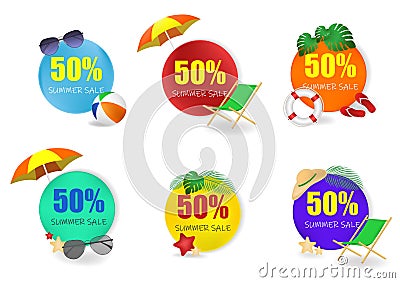 Set of summer sale promotion emblem design, design for logo, banner, tag, insignia, label element, advertising. Isolated Vector Illustration