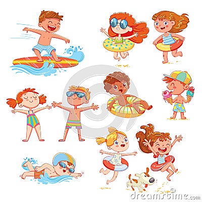 Set of summer scenes with children. Vacation at sea Vector Illustration