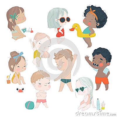 Set of Summer Scenes with Children. Vacation at Sea. Children swim with Inflatable Ring, swimming Mask and Flippers Vector Illustration