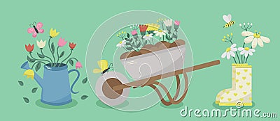 Set of summer season gardening objects, watering can, bouquet boots, wheelbarrow with flowers. Vector design element for greeting Vector Illustration