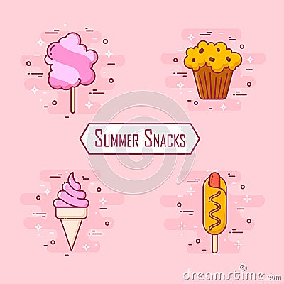 Set of summer snacks: corn dog, ice cream, cotton candy, cake. Vector icons for fast food. Thin line flat design Vector Illustration