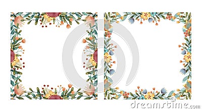 Set of summer, spring, easter, birthday or wedding square frame with flowers, leaves and branches. Cartoon Illustration