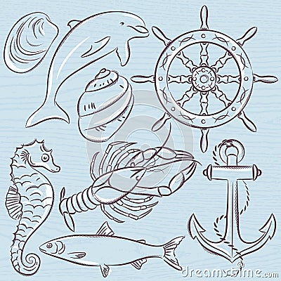 Set of summer symbols, ship rudder,anchor, shells, lobster,dolp Vector Illustration