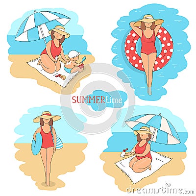 Set with a summer theme. A woman with sunscreen, a child, an inflatable lifebuoy on the beach. Vector Illustration