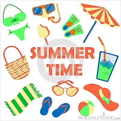 set of summer things for beach colorful Vector Illustration