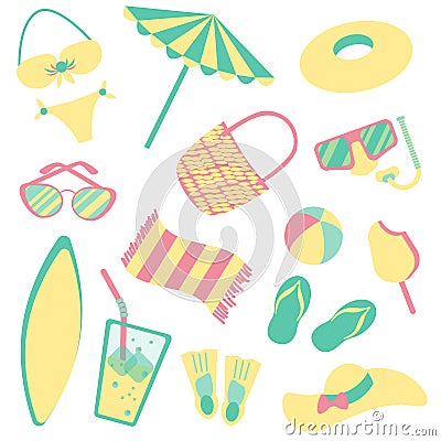 set of summer things for beach, flat style, isolated Vector Illustration