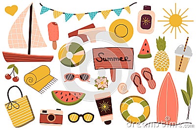 A set of summer things for the beach. Travel to a sunny country. Summer rest. Vector illustration. Vector Illustration