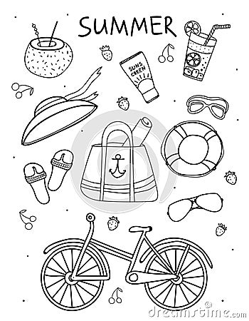 Set of summer things. Elements of a beach holiday in hand drawn style. Black contour on white background. Stock Photo