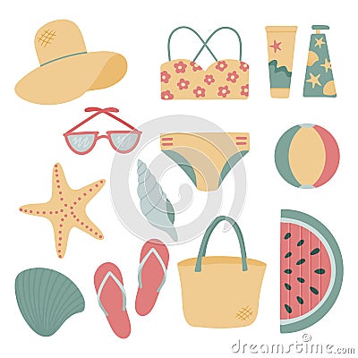 A set of summer things for relaxing on the beach and by the pool. Vector flat illustration, hand drawn. Isolated objects Vector Illustration