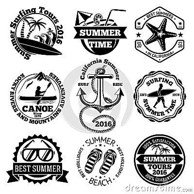 Set of summer travel labels with surfing, canoe, anchor, sunglasses, palms etc. Vector Vector Illustration