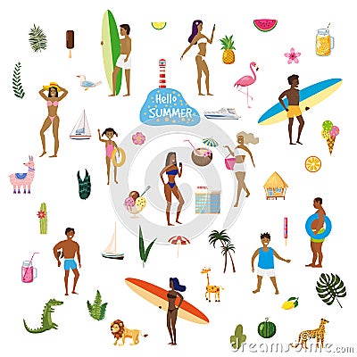 Set Summer vacation. A lot of people at beach or seashore relaxing and performing summer outdoor activities at beach - Vector Illustration