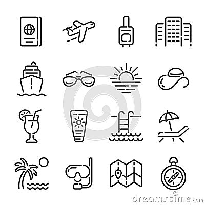 Set of summer vacation or travel outline icons. Vector illustration. Vector Illustration