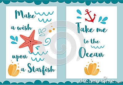 Vacations quotes Take me to the ocean Great lettering print for bags t shirts cards posters Sea elements Vector Cartoon Illustration