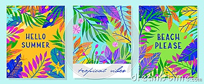 Set of summer vector illustrations with tropical leaves,flowers and elements Cartoon Illustration