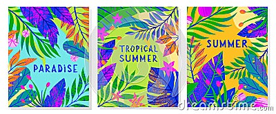 Set of summer vector illustrations with tropical leaves,flowers and elements Vector Illustration