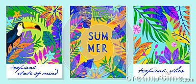 Set of summer vector illustrations with tropical leaves,flowers and toucan Cartoon Illustration