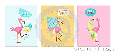 Set of Summer Vibes Banners with Cute Pink Flamingo Drink Cocktail, Carry Umbrella and Surf Board Vector Illustration