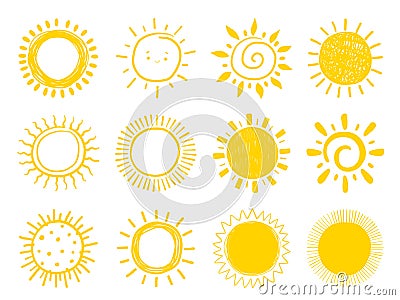 Set of summer yellow stylized suns. Hand drawn summer logos and icons Vector Illustration