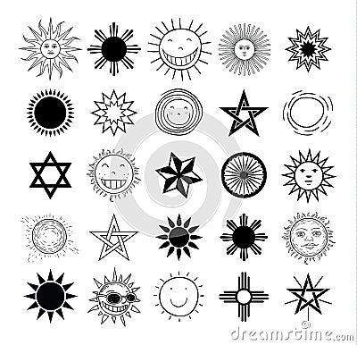 Set of sun icons on white background. Vector illustration. Vector Illustration
