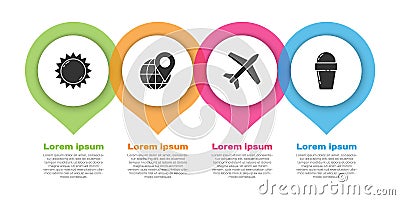 Set Sun, Location on the globe, Plane and Ice cream in waffle cone. Business infographic template. Vector Vector Illustration