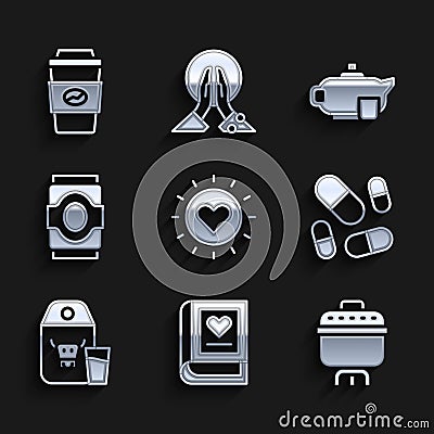 Set Sun, Medical book, Cooking pot, Vitamin pill, Paper package for milk, Soda can, Teapot with cup and Coffee to go Vector Illustration