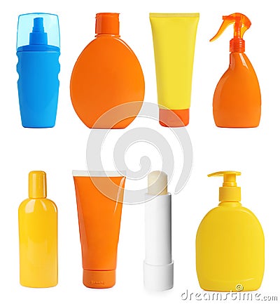 Set with sun protection cosmetic products on background Stock Photo