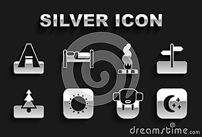 Set Sun, Road traffic sign, Moon and stars, Hiking backpack, Tree, Campfire, Tourist tent and Bed icon. Vector Stock Photo