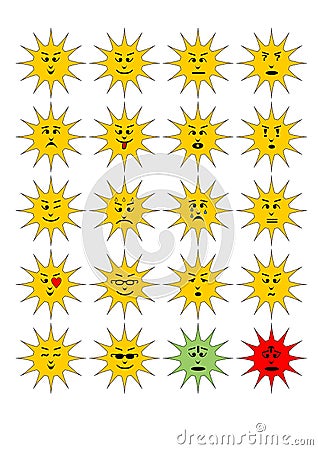 Set of sun shape emoticons, collection of vector emoji. Vector Illustration