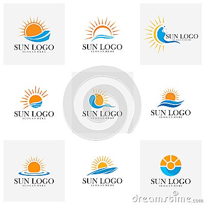 Set of Sun with water logo design vector template, Icon symbol, Illustration Vector Illustration