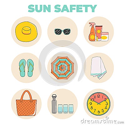 Set of sunbathing beach essentials icons. Skin protection Vector Illustration