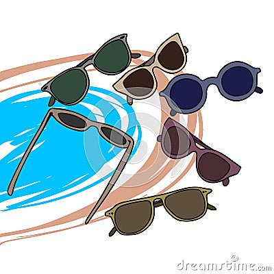 A set of sunglasses, glasses of various shapes, in pastel colors, on a sea background Vector Illustration