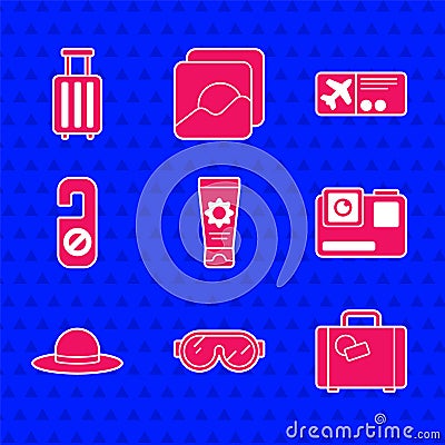 Set Sunscreen cream in tube, Ski goggles, Suitcase, Action extreme camera, Elegant women hat, Please do not disturb Vector Illustration