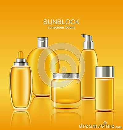 Set Sunscreen Protection Cosmetics. Sun Care Containers Vector Illustration