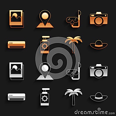 Set Sunscreen spray bottle, Photo camera, Elegant women hat, Tropical palm tree, Air conditioner, Diving mask and Vector Illustration