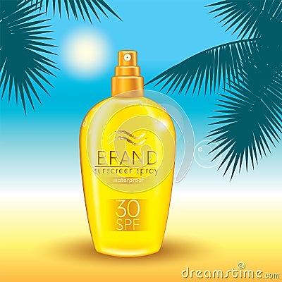 Set of sunscreen sprays and palm branches on a marine background. Vector illustration. Ready-made concept for packaging and advert Vector Illustration