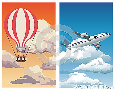 Set sunset sky airballoon-blue sky clouds plane Vector Illustration