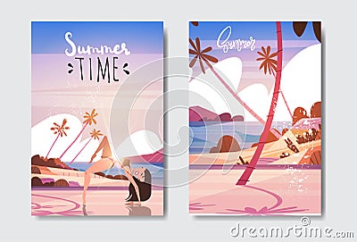 Set sunset yoga woman doing exercises beach badge Design Label Season Holidays lettering for logo Templates invitation Vector Illustration