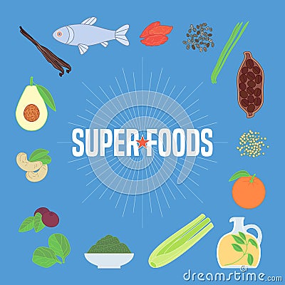 Set of superfoods products, berries, fruits, vegetables in vector Vector Illustration