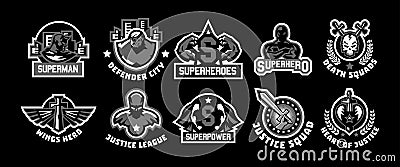 Set of superhero logos. A collection of images of superman. The suit, raincoat, silhouette, image, face, muscles, city Vector Illustration