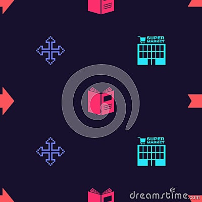 Set Supermarket building, Pixel arrows four directions, Open book and Arrow on seamless pattern. Vector Vector Illustration