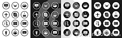 Set Support operator in touch, Pizza cardboard box, Plane, Computer monitor with app delivery tracking, Container crane Stock Photo