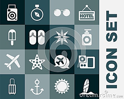 Set Surfboard, Photo camera, Sunscreen spray bottle, Glasses, Flip flops, Ice cream, and Wind rose icon. Vector Vector Illustration